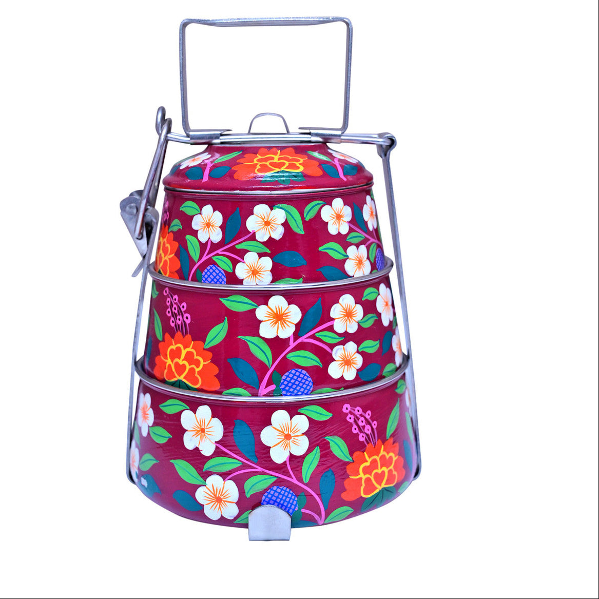 Hand-Painted 3-Tier Stainless Steel Lunch Box –  Floral Design Eco-Friendly & Artistic Food Carrier